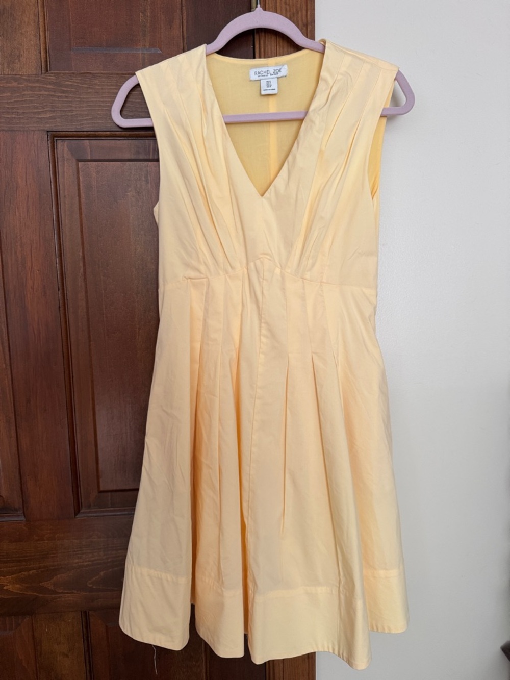 Rachel Zoe Pale Yellow Pleated V-Neck Midi Dress